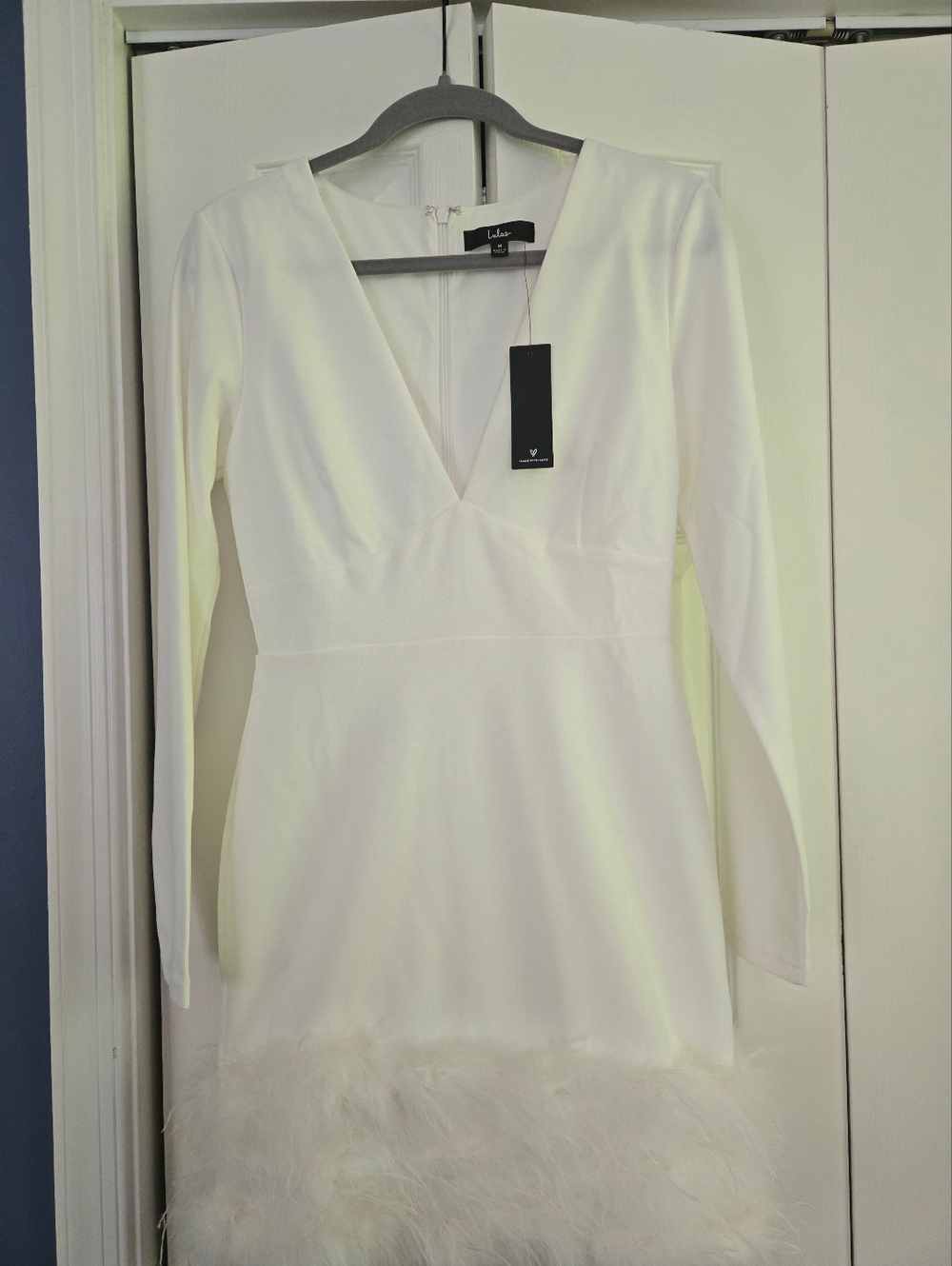 Lulu's White Long Sleeve V-Neck Feather Trim Dress